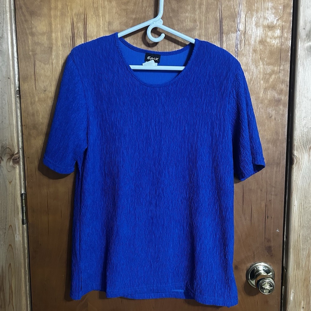 Vtg‎ Epix Womens Blue Textured Short Sleeve Top Size XL Shoulder Pads Made USA